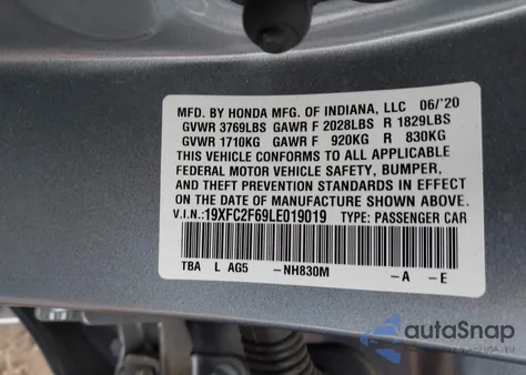 2020 Honda Civic Lx из США, поврежденный, VIN 19XFC2F69LE019019